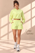 Lima Aurora lime hooded pullover and shorts set, front view