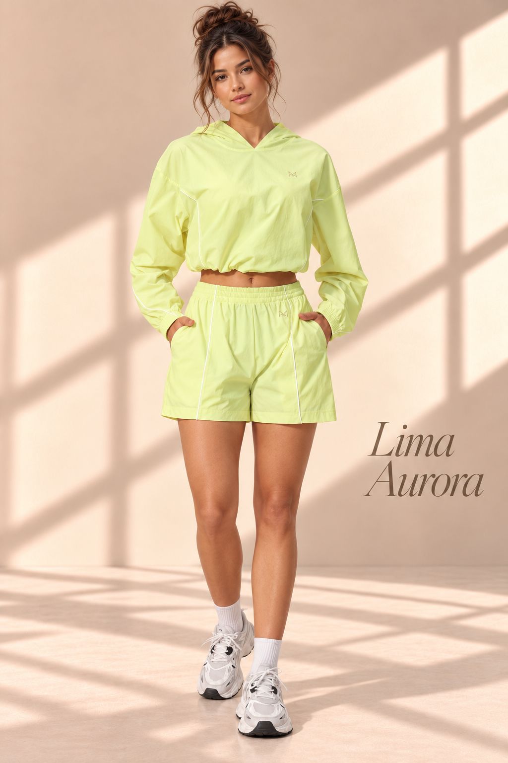 Lima Aurora lime hooded pullover and shorts set, front view