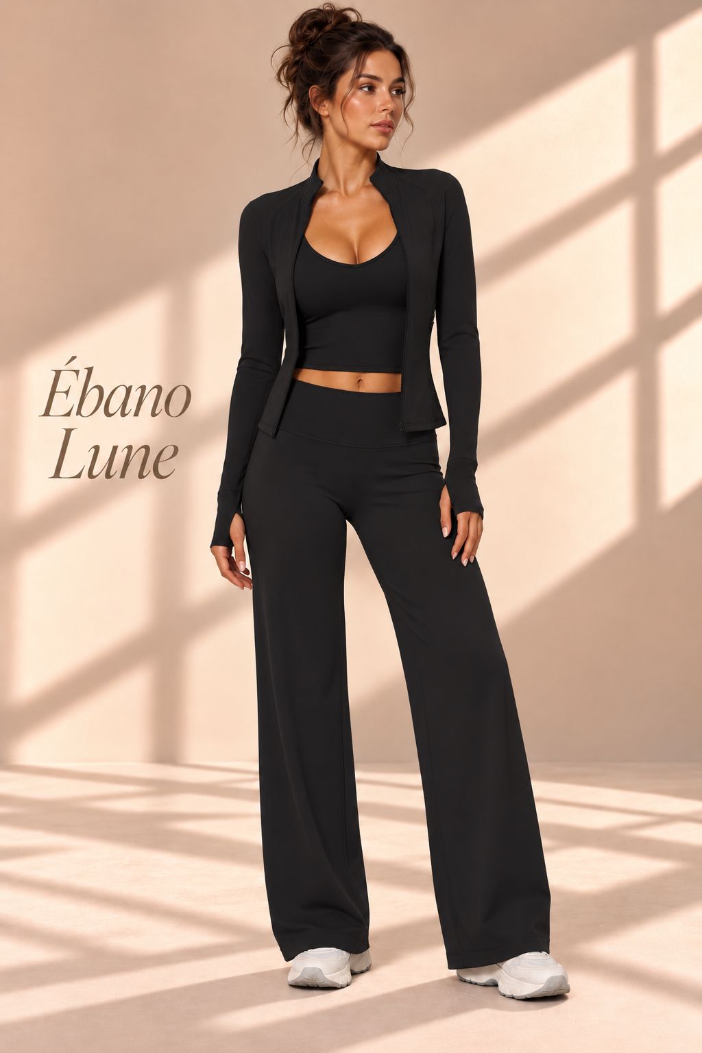 Back view of Ébano Lune black cropped top and high-waisted wide-leg pants