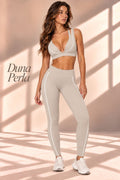 Duna Perla sand-beige cropped top and high-waisted leggings with white contrast piping