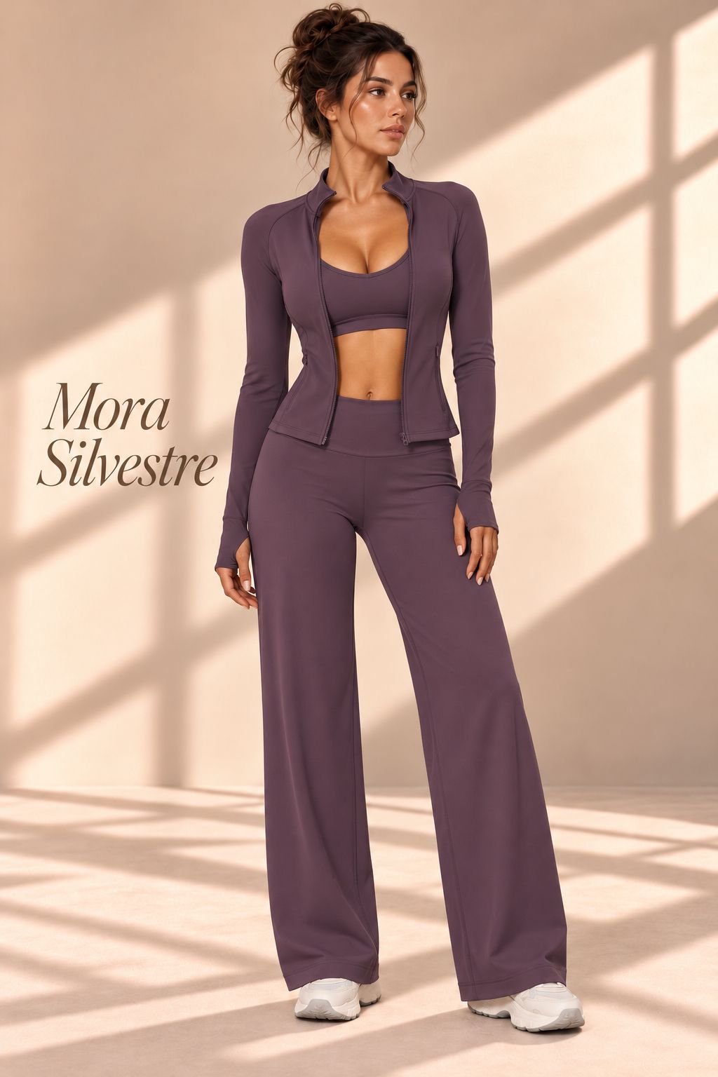 Front view of Mora Silvestre plum three-piece set with jacket, cropped top and wide-leg pants