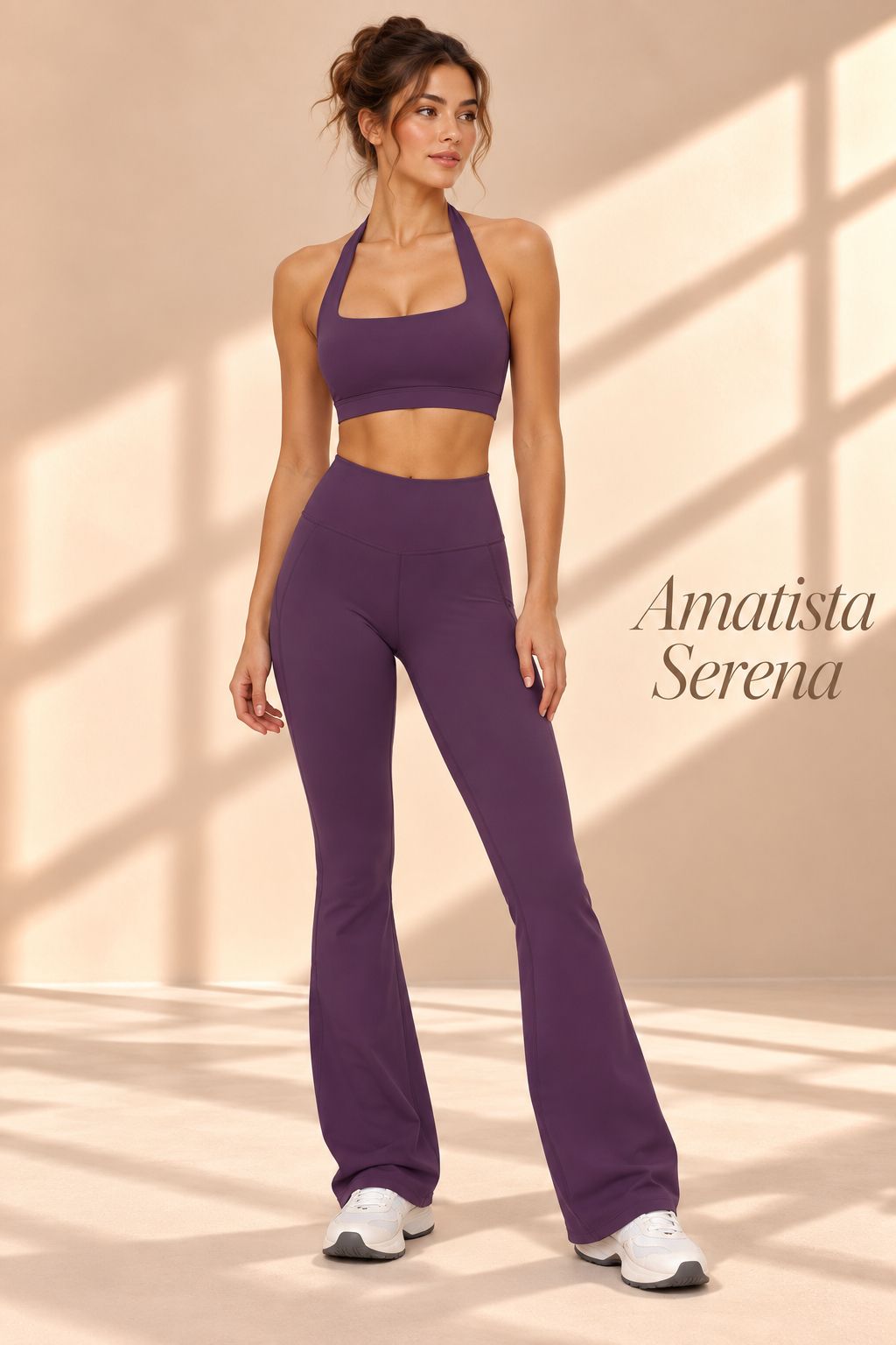 Back view of Amatista Serena purple open-back halter top and matching flare pants