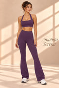 Back view of Amatista Serena purple open-back halter top and matching flare pants
