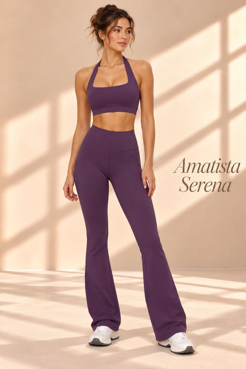 Back view of Amatista Serena purple open-back halter top and matching flare pants