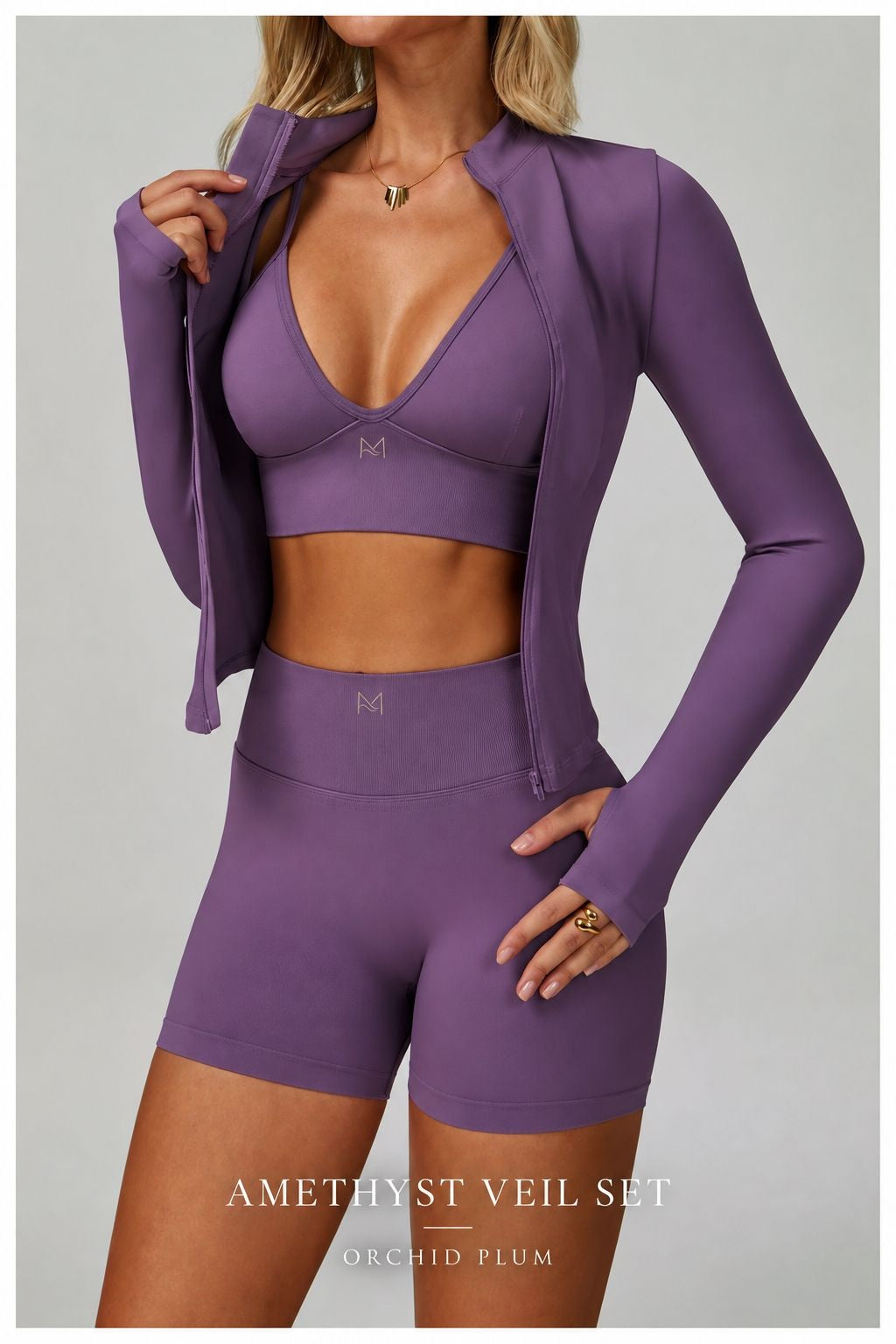 Amethyst Veil Set in Orchid Plum with V-neck cropped top, high-waisted shorts, and zip-front jacket