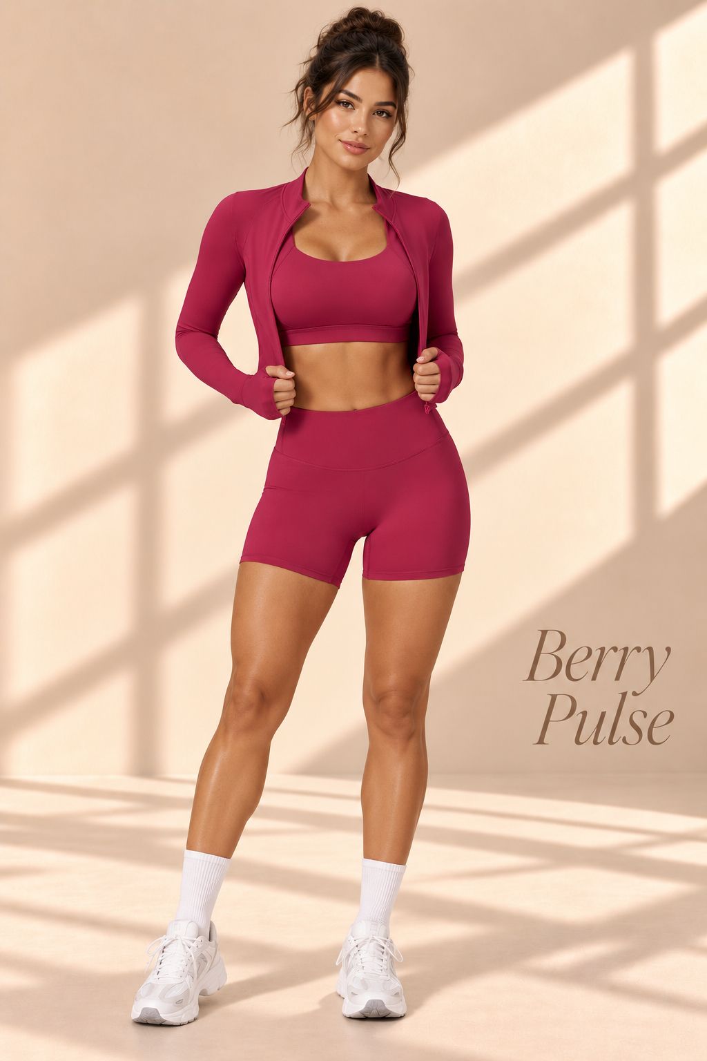 Front view of Berry Pulse berry crop top, cropped long-sleeve jacket, and fitted shorts