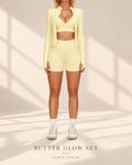 Front view of Butter Glow Set in Lemon Cream with cropped top, shorts, and open zip-front jacket