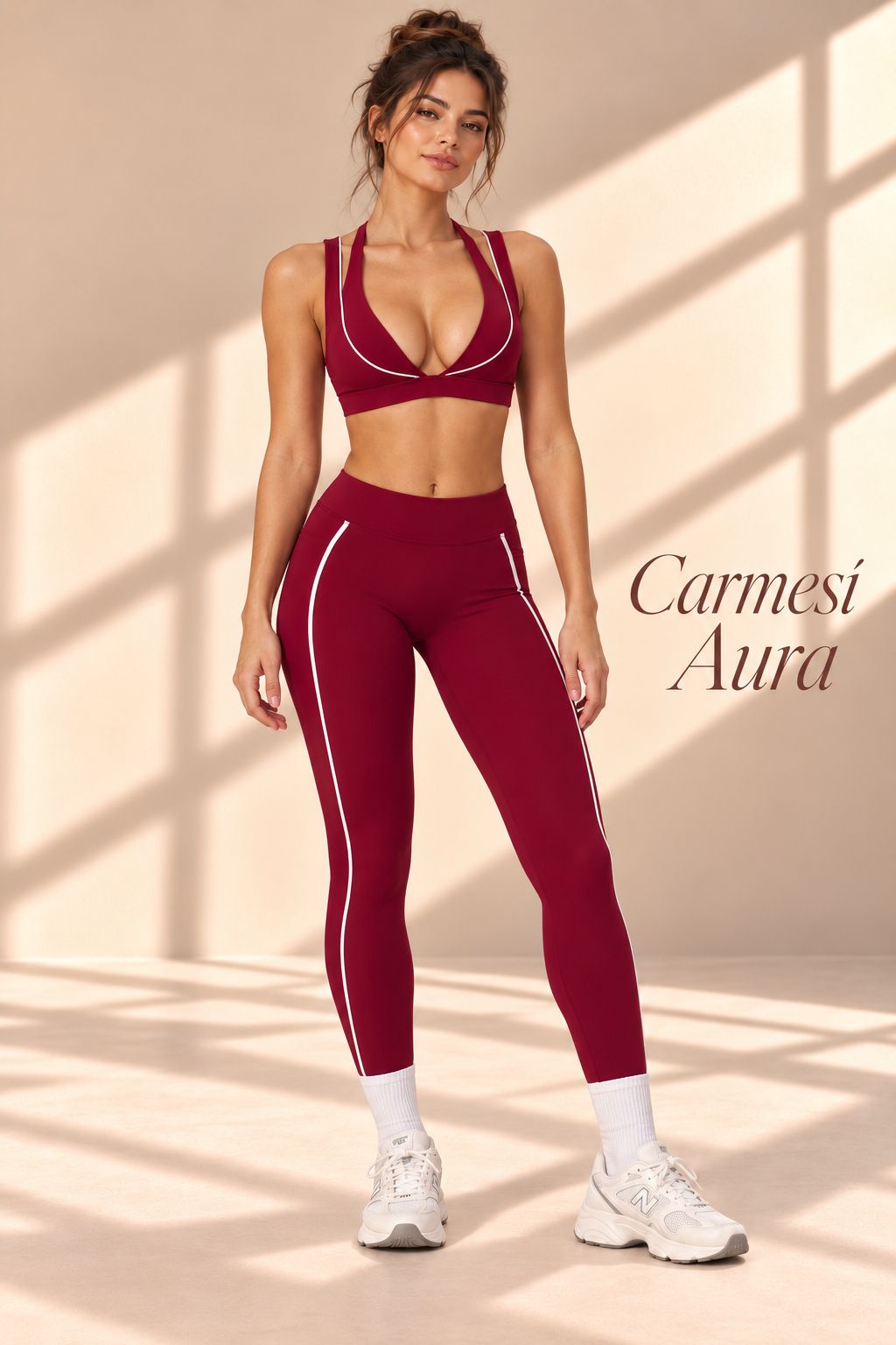 Front view of Carmesí Aura crimson V-neck crop top and matching leggings with white piping