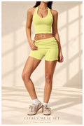 Front view of Citrus Muse lime-sorbet halter crop top and matching shorts
