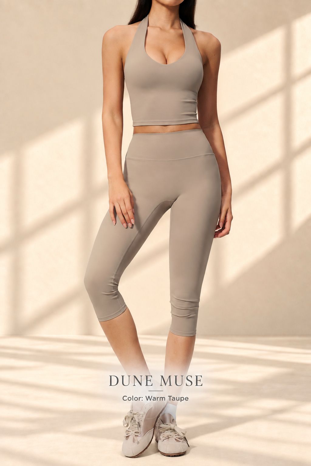 Front view of Dune Muse warm-taupe halter crop top and capri leggings