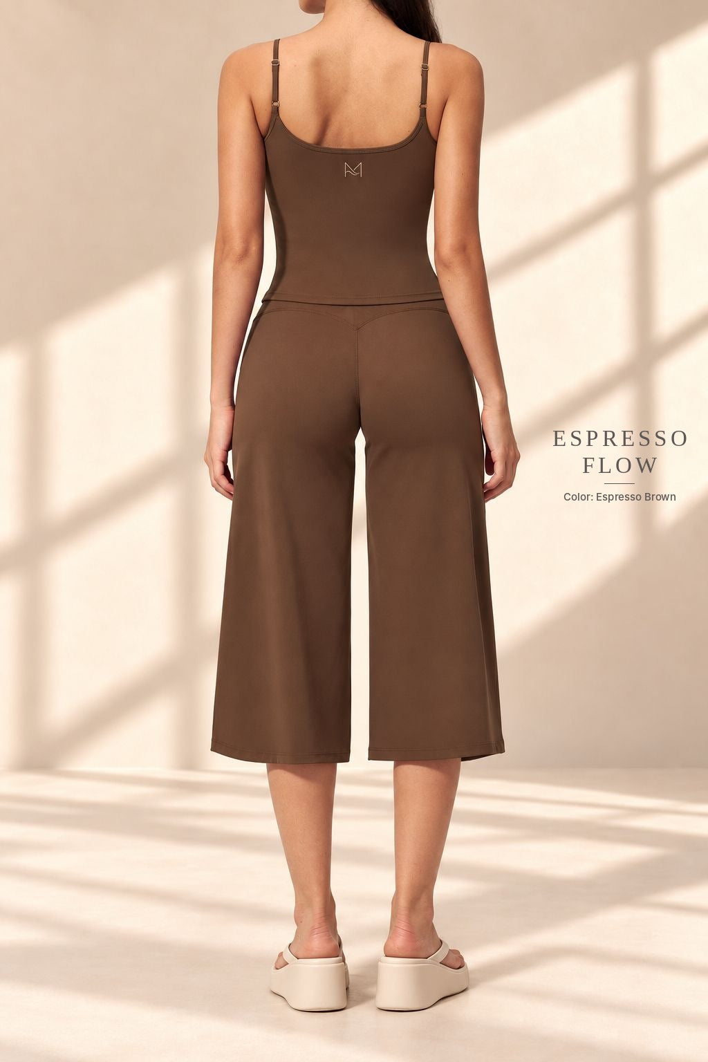 Back view of Espresso Flow brown scoop-back camisole and matching cropped pants