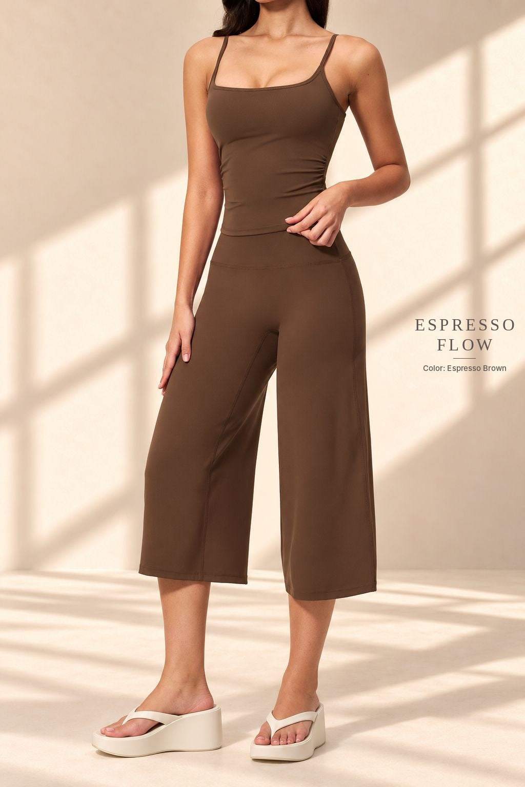 Front view of Espresso Flow brown camisole top and wide-leg cropped pants