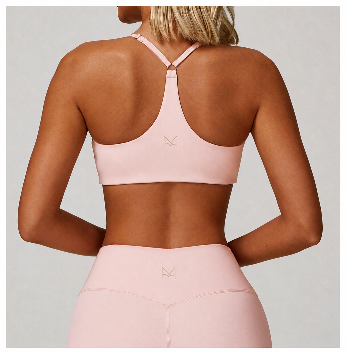 Aurelia blush pink activewear set by Mar Active - back view showing Mar Active logo