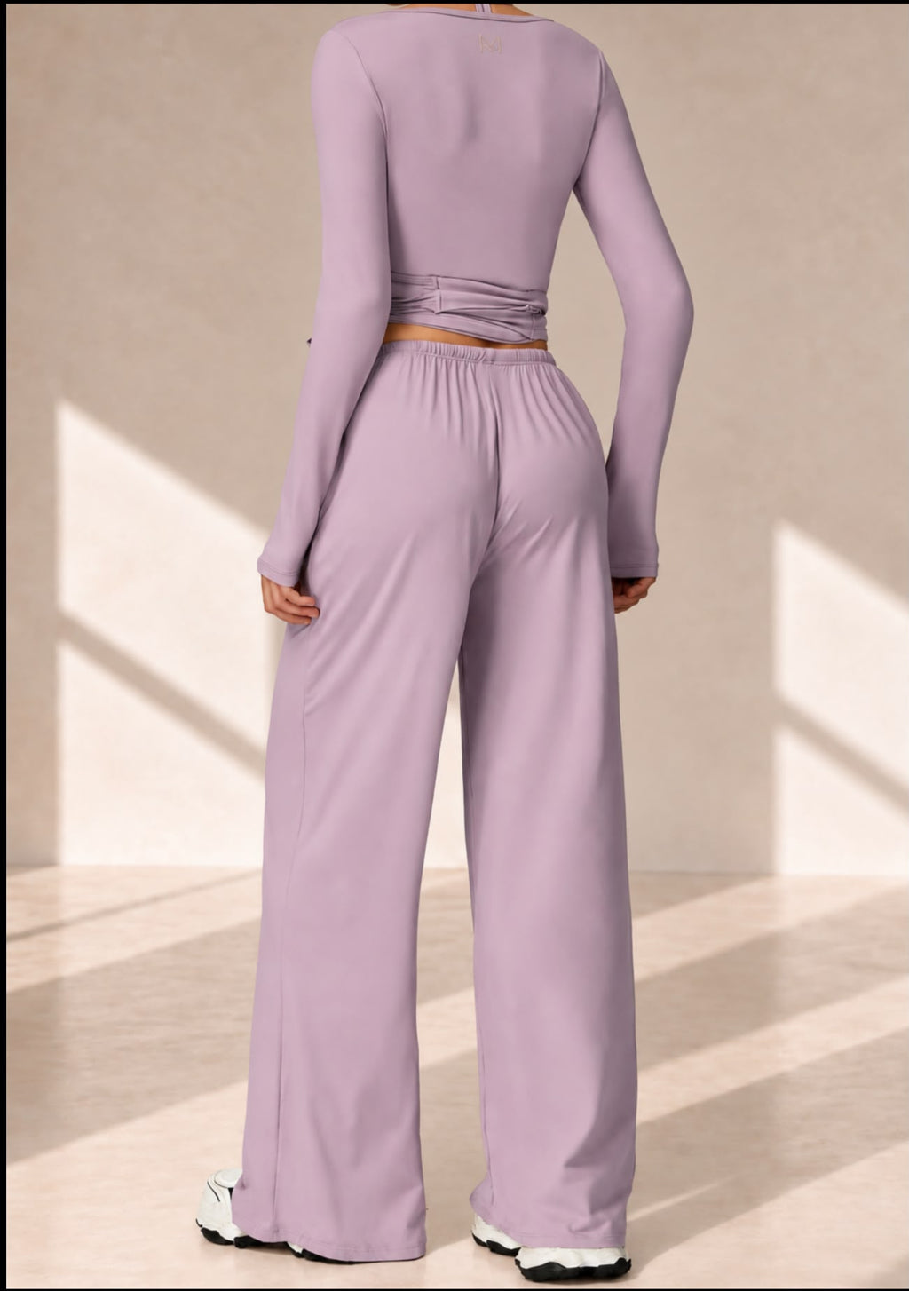Back view of Mar Active Lilac Ribbon Set with long-sleeve top and wide-leg pants
