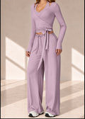 Front view of Mar Active Lilac Ribbon three-piece set with tie-front wrap top and wide-leg pants