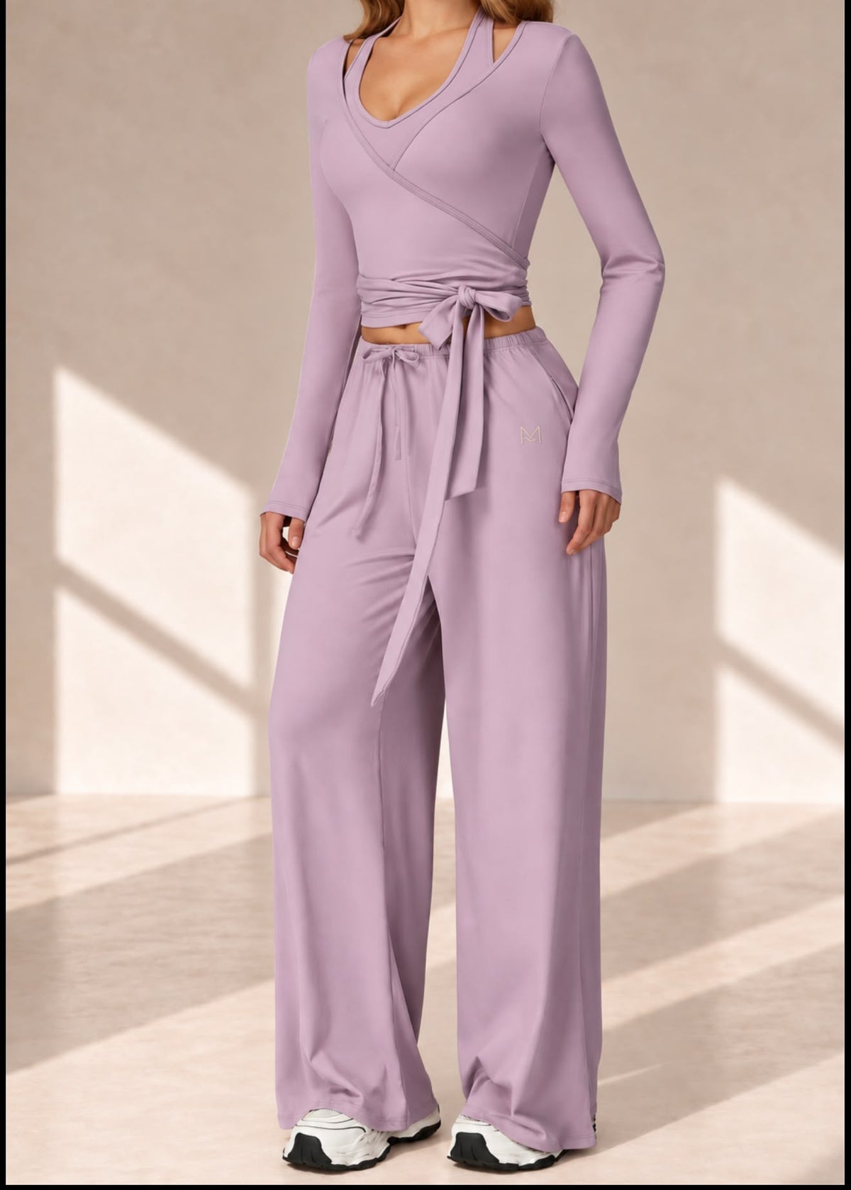 Front view of Mar Active Lilac Ribbon three-piece set with tie-front wrap top and wide-leg pants