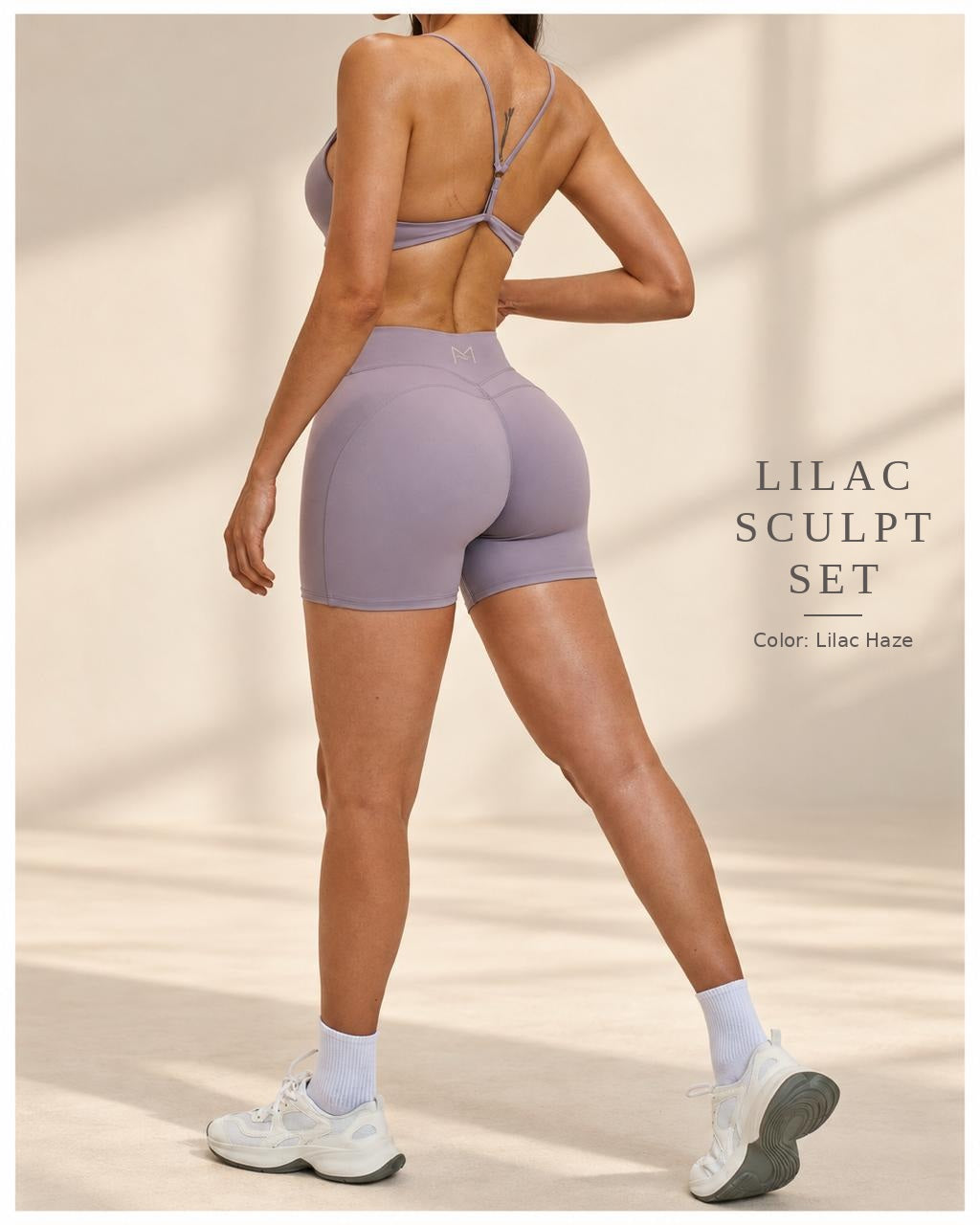 Back view of Lilac Sculpt Set in Lilac Haze showing open-back straps and fitted shorts