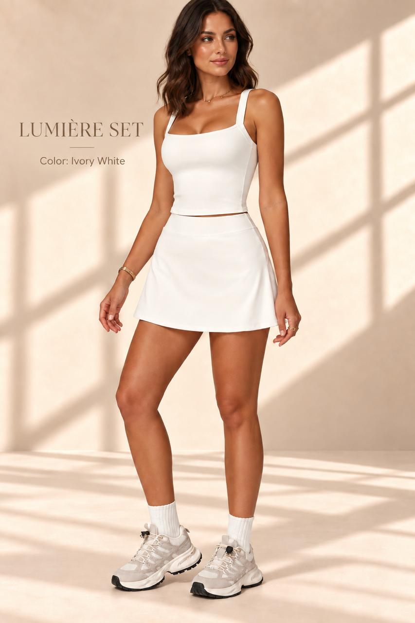 Front view of Lumière ivory-white square-neck crop top and matching mini skirt