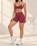Front view of Merlot Sculpt Set in Merlot Wine with slim-strapped top and high-waisted shorts