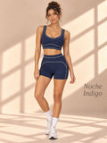 Front view of Noche Índigo indigo crop top and shorts with curved light piping