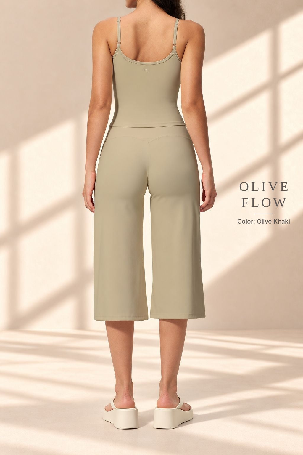 Back view of Olive Flow olive-khaki scoop-back camisole and matching cropped pants