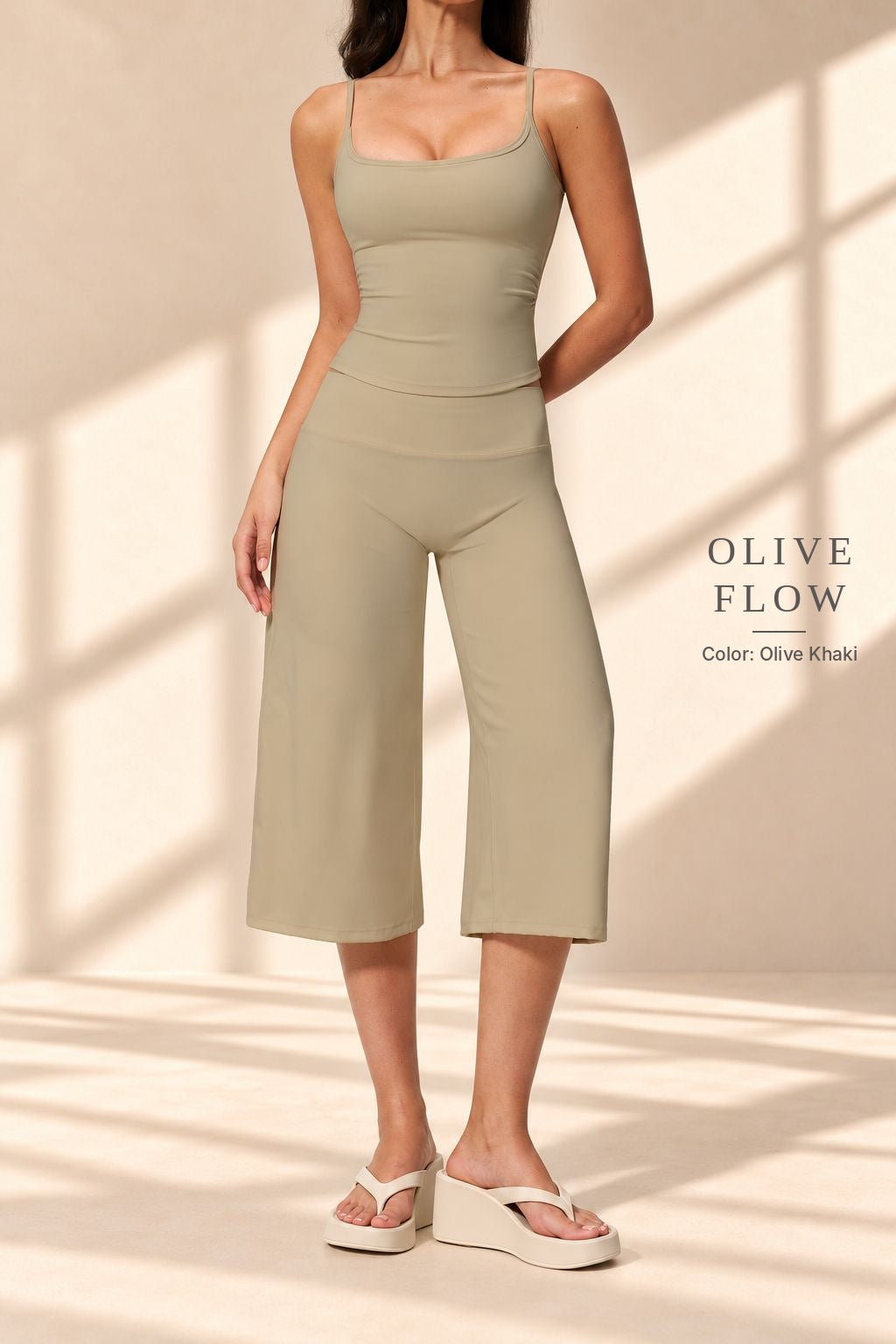 Front view of Olive Flow olive-khaki camisole top and wide-leg cropped pants