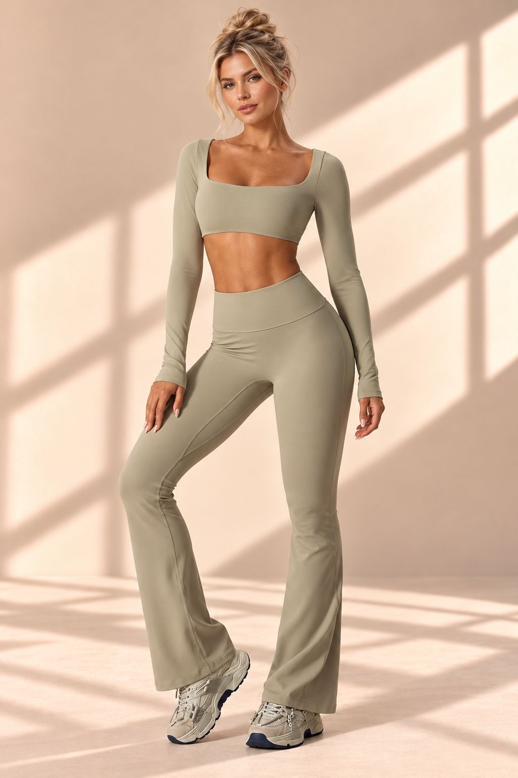 Front view of Sage Contour set with square-neck long-sleeve crop top and high-waisted flare pants