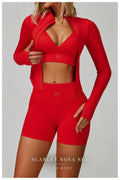 Front view of Scarlet Nova Set in Fire Ruby with V-neck cropped top, shorts, and matching jacket