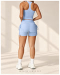Front view of Skyline Serve powder-blue crop top and shorts with gathered side ties
