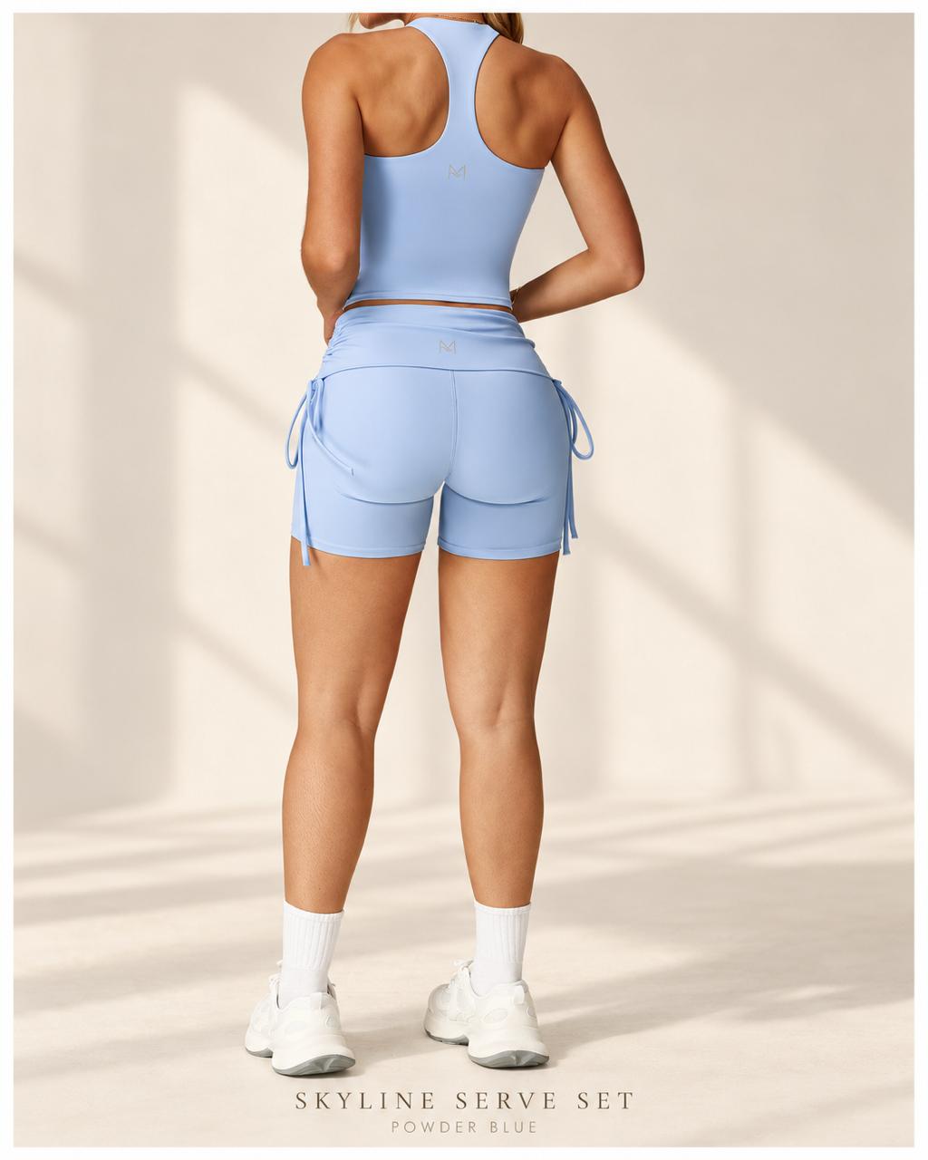 Front view of Skyline Serve powder-blue crop top and shorts with gathered side ties