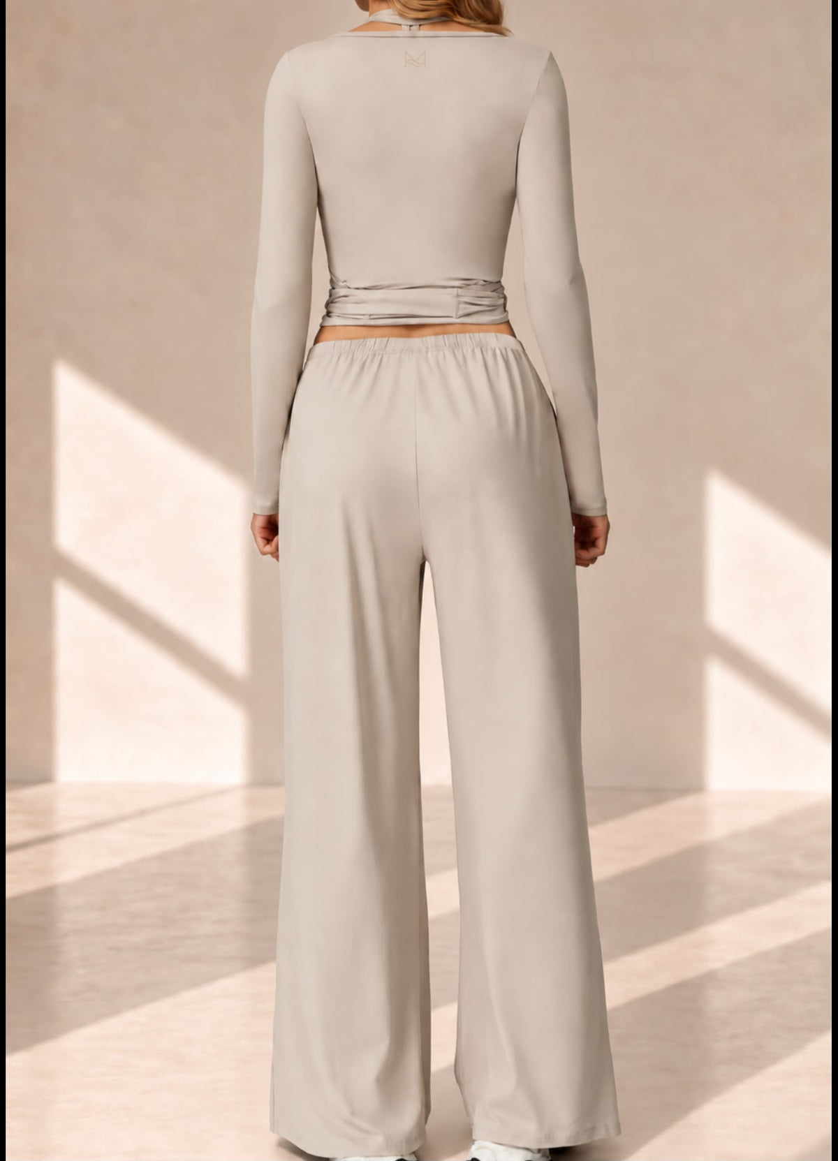 Back view of Taupe Ribbon set with long-sleeve top and wide-leg pants