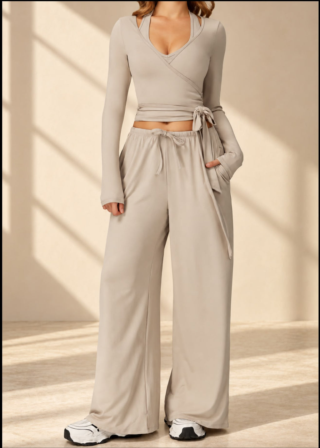Front view of Taupe Ribbon three-piece set with tie-front wrap top and wide-leg pants