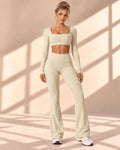 Front view of Vanilla Contour set with square-neck long-sleeve crop top and high-waisted flare pants