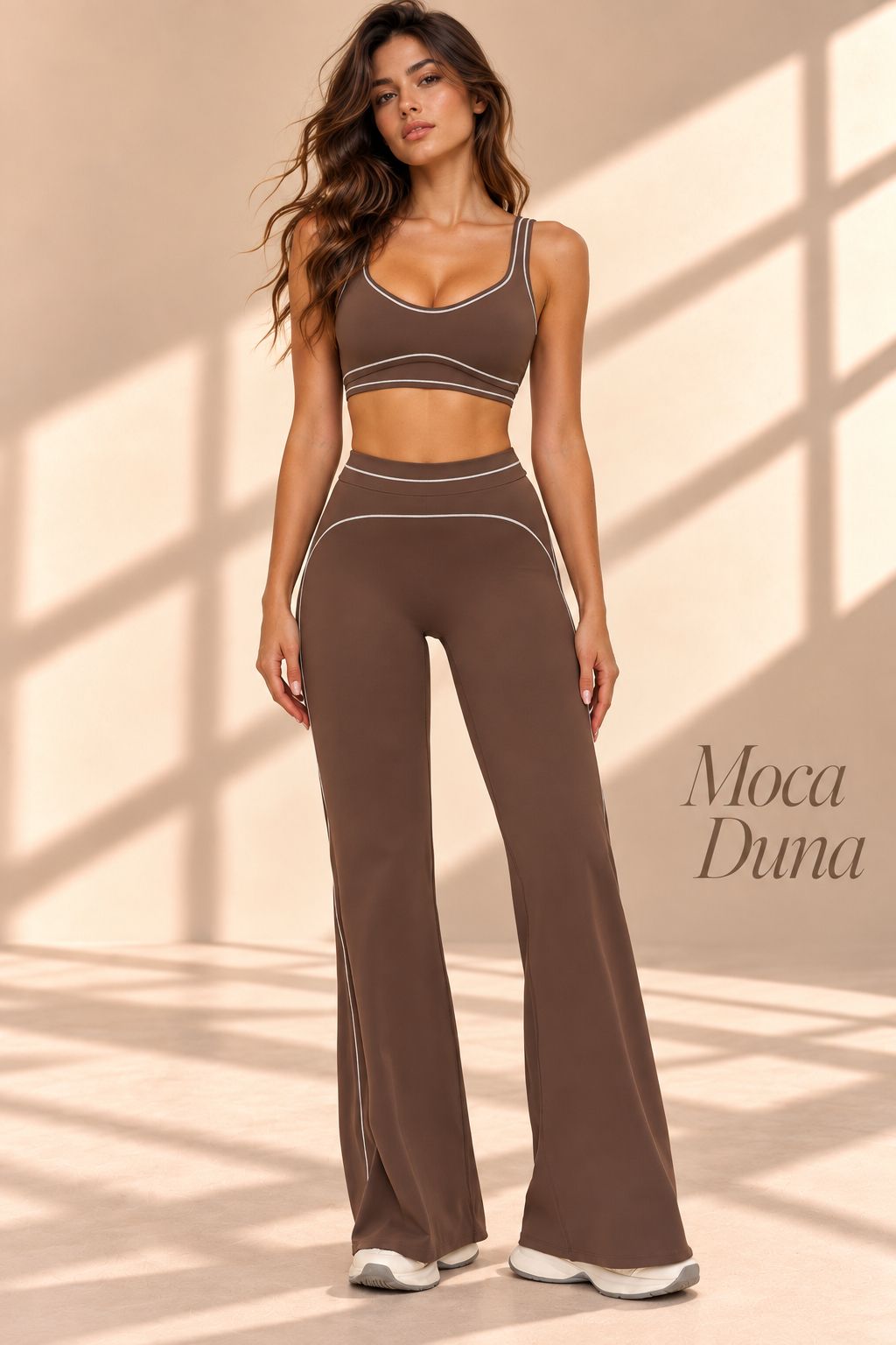 Moca Duna mocha crop top and wide-leg pants set with light contrast piping