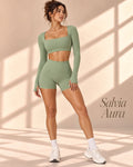 Salvia Aura sage-green long-sleeve crop top and fitted shorts set