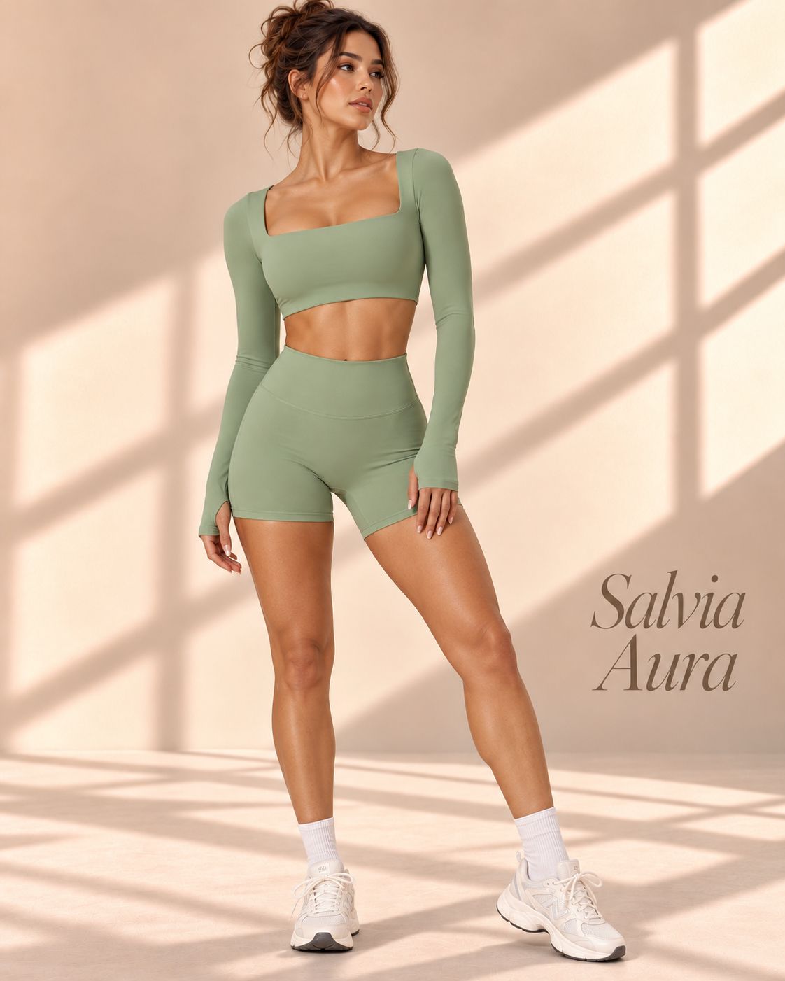 Salvia Aura sage-green long-sleeve crop top and fitted shorts set