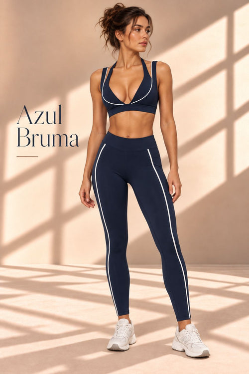 Azul Bruma navy cropped top and high-waisted leggings with white contrast piping