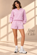 Rosa Cielo pink hooded pullover and shorts set, front view