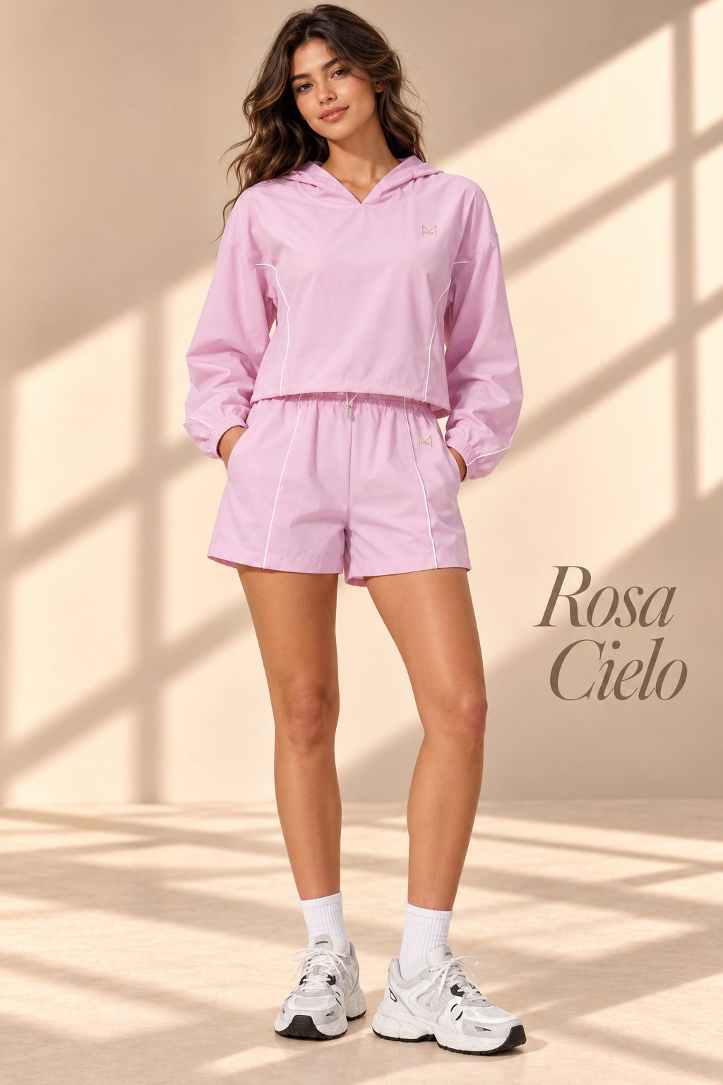 Rosa Cielo pink hooded pullover and shorts set, front view