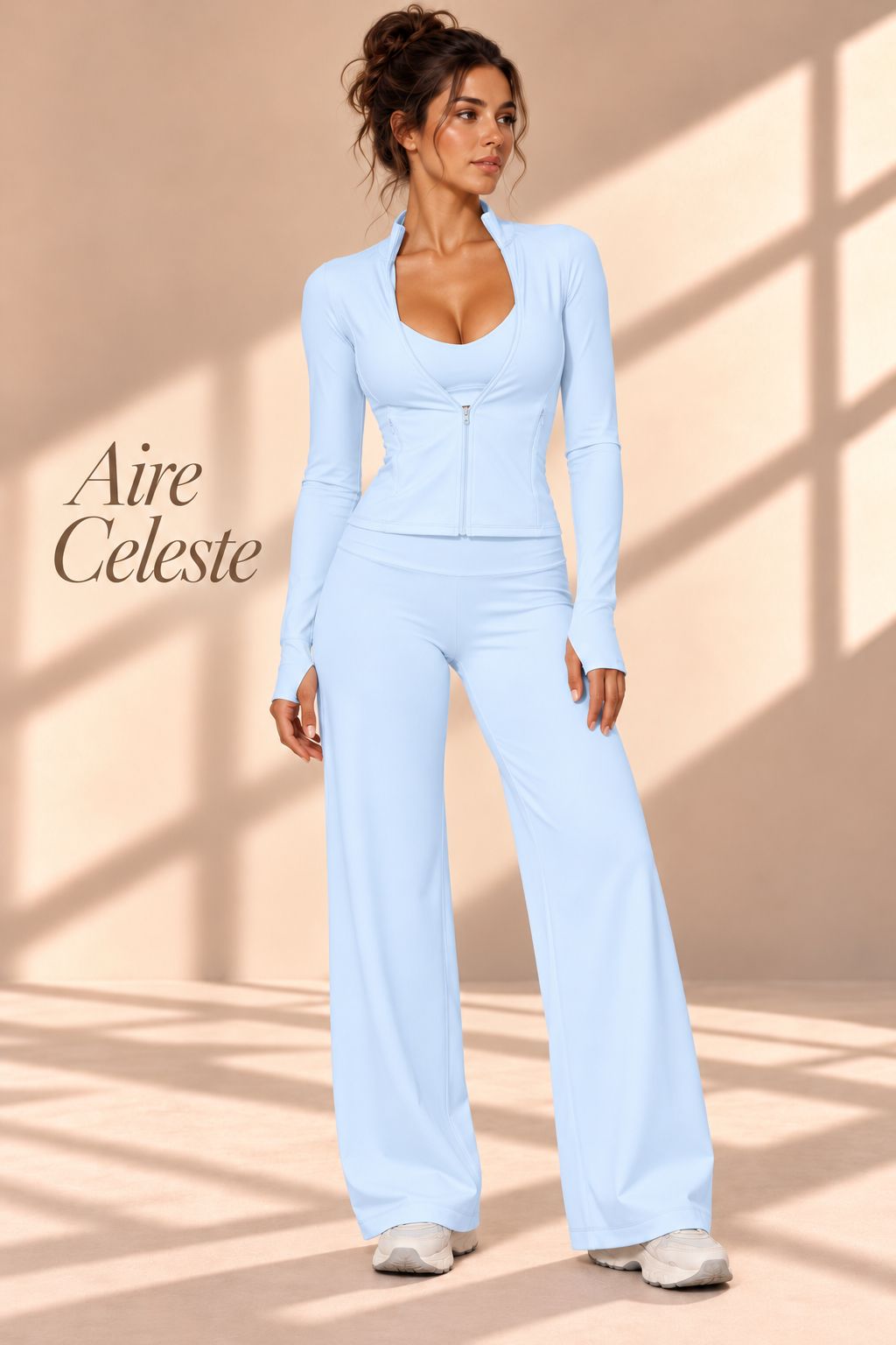 Back view of Aire Celeste sky-blue halter-style cropped top and high-waisted wide-leg pants